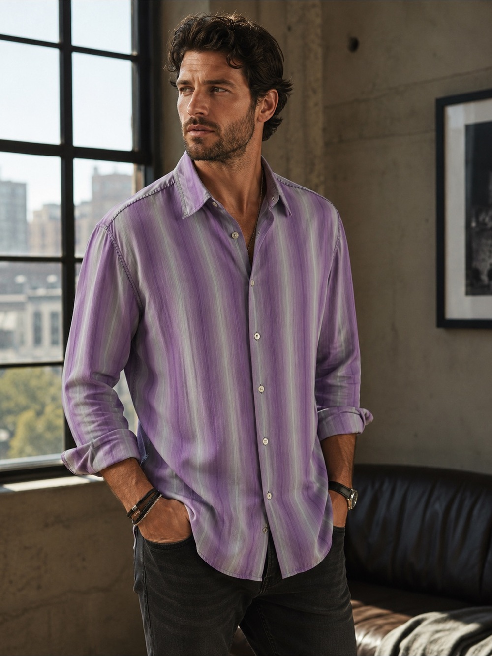 John‎ Varvatos Purple Gray Striped Contrast Stitch Button Down Shirt Men's